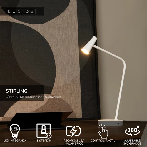 Lucide STIRLING - Lámpara de escritorio Recargable - Batería/acumulador - LED 3 StepDim - 1x3W 2700K - Blanco - USP